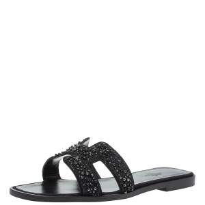 Hermes Black Crystal Embellished Leather Oran Flat Sandals Size 36.5