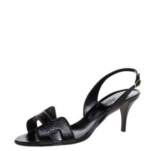 Hermes Black Patent Leather Night Slingback Sandals Size 41