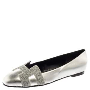 Pre Owned Hermes Metallic Silver Leather Nice Flats Size 40.5