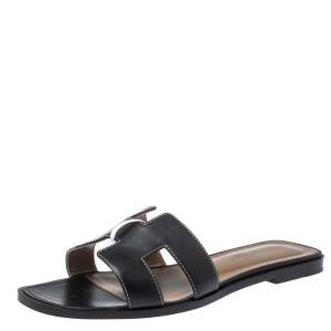 Hermes Black Leather Oran Flat Slides Size 39.5
