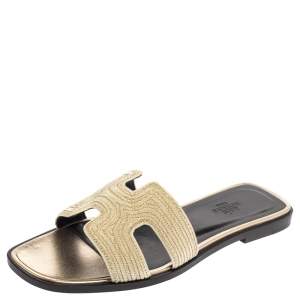 Hermes Metallic Pale Gold Twisted Metal Thread Oran Sandals Size 37