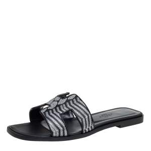 Hermes Black/Silver Embroidered Leather Oran Flat Slides Size 37