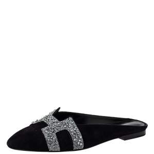 Hermes Black Suede Roxane  Mule Sandals Size 38