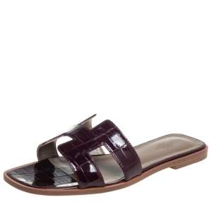 Hermes Burgundy Alligator Leather Oran Flat Slides Size 38