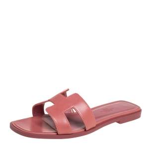 Hermes Pink Leather Oran Flat Slides Size 36.5