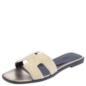 Hermes Cream Fabric Oran Flats Size 40.5