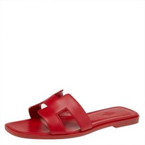 Hermes Red Leather Oran Flat Sandals Size 38