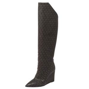 Hermes Grey/Black Monogram Leather Wedge Over The Knee Boots Size 37
