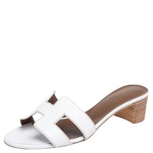 Pre Owned Hermes White Leather Oasis Slide Sandals Size 37.5