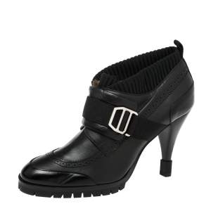 Hermes Black Leather And Fabric Buckle Ankle Boots Size 37