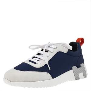 Pre Owned Hermes Navy Blue/White Suede And Neoprene Sneakers Size 39.5