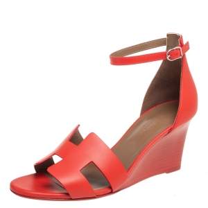 Hermes Red Leather Legend Ankle Strap Wedge Sandals Size 40