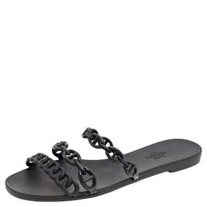 Hermes Black Rubber D'ancre Chaine Rivage Flat Sandals Size 36