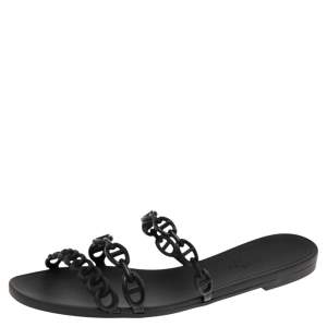 Hermes Black Rubber D'ancre Chaine Rivage Flat Slides Size 39