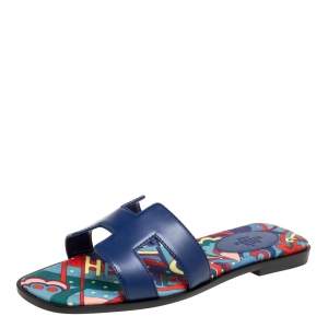 Hermes Navy Blue Leather Oran Flat Slide Sandals Size 36
