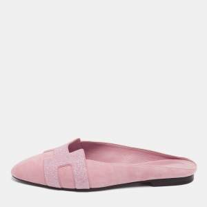Hermes Pink Glitter And  Suede Roxane Mule Flats Size 36