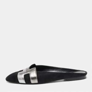 Hermes Black/Metallic Grey Suede and Leather Roxane Flat Mules Size 37
