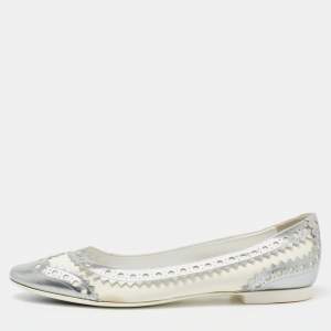 Hermes Silver/White Fabric And Leather Wingtip Brogue Flats Size 39