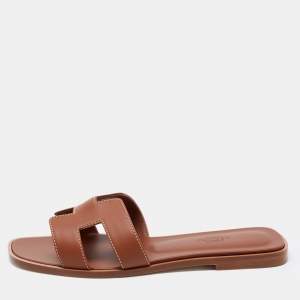 Hermes Brown Leather Oran Sandals Size 37.5
