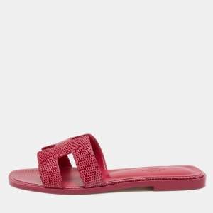 Hermes Pink Lizard Leather Oran Flat Slides Size 37.5