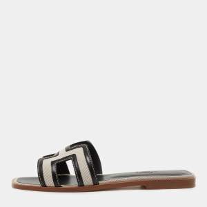 مملوكة مسبقًا Hermes Black/Beige Leather and Canvas Oran Sandals Size 39