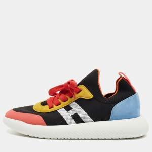 Hermes Multicolor Knit Fabric and Suede Crew Sneakers Size 39.5