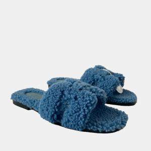 Hermes Blue Leather Oran Shearling Flats Size EU 37