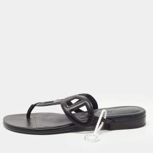 Hermes Black Leather Beach Flat Slides Size 37 