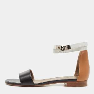 Hermes Black/White Leather Baia Sandals Size 38