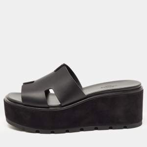 Hermes Black Leather Eze Platform Slide Sandals Size 38