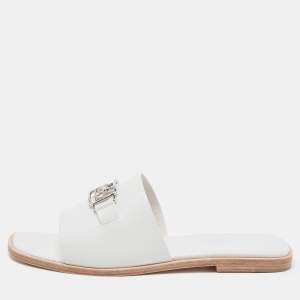 Hermes White Leather  Villa Flat Slides  Size 38