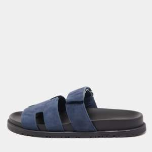 Hermes Blue/Black Suede Chypre Slide Flats Size 40