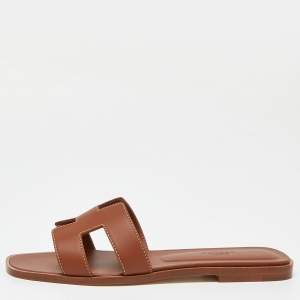 Hermès Brown Leather Oran  Flat Slides Size 38 