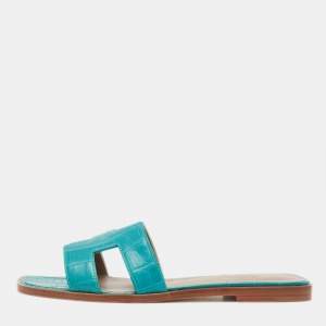 Hermes Green Matt Crocodile Oran Flat Slides Size 38.5