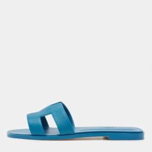 مملوكة مسبقًا Hermes Blue Leather Oran Flat Slides Size 38