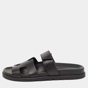 Hermes Black Leather Chypre Sandals Size 39.5