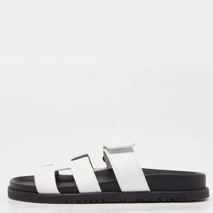Hermes White/Black Leather Chypre Sandals Size 36