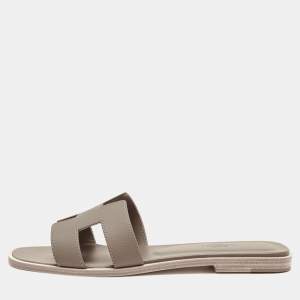 Hermès  Brown Leather Oran Flat Slides Size 38