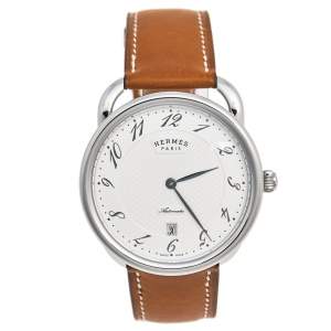 Hermes Silver Stainless Steel Leather Arceau AR8.61AQ Men's Wristwatch 40 mm 