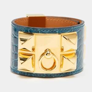 Hermes Collier De Chien Green Alligator Leather Gold Plated Bracelet