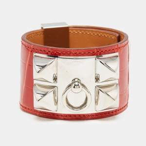 Hermès Collier De Chien Red Alligator Leather Palladium Plated Bracelet