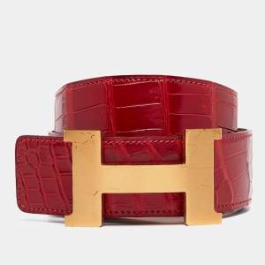 Hermes Braise Crocodile Porosus Brushed Constance Buckle Belt 90 CM