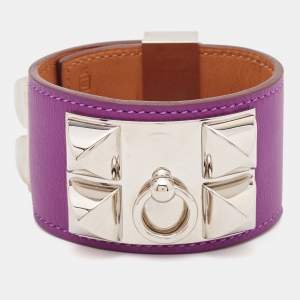 Hermes Collier De Chien Purple Leather Palladium Plated Bracelet