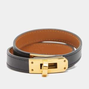 Pre Owned Hermes Kelly Black Leather Gold Plated Bracelet