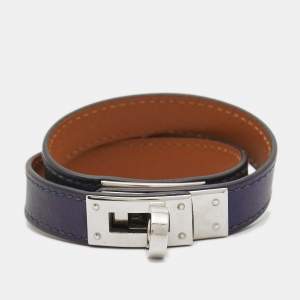 Hermes Kelly Navy Blue Leather Palladium Plated Double Wrap Bracelet