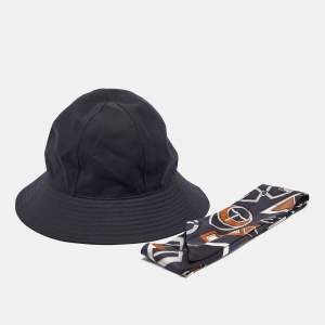 Pre Owned Hermes Black Gabardine and Printed Silk Twilly Bucket Hat