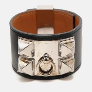 Hermes Black Leather Collier De Chien Palladium Plated Wide Bracelet L