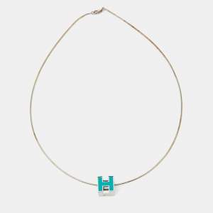 Pre Owned Hermès Cage d'H Cyan Lacquered Palladium Plated Pendant Necklace