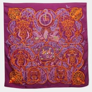 Hermès Purple/Orange Silk La Charmante Aux Animaux Annie Faivre Scarf