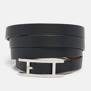 Hermes Hapi  Black Leather Palladium Plated 4 Quad Tour Bracelet